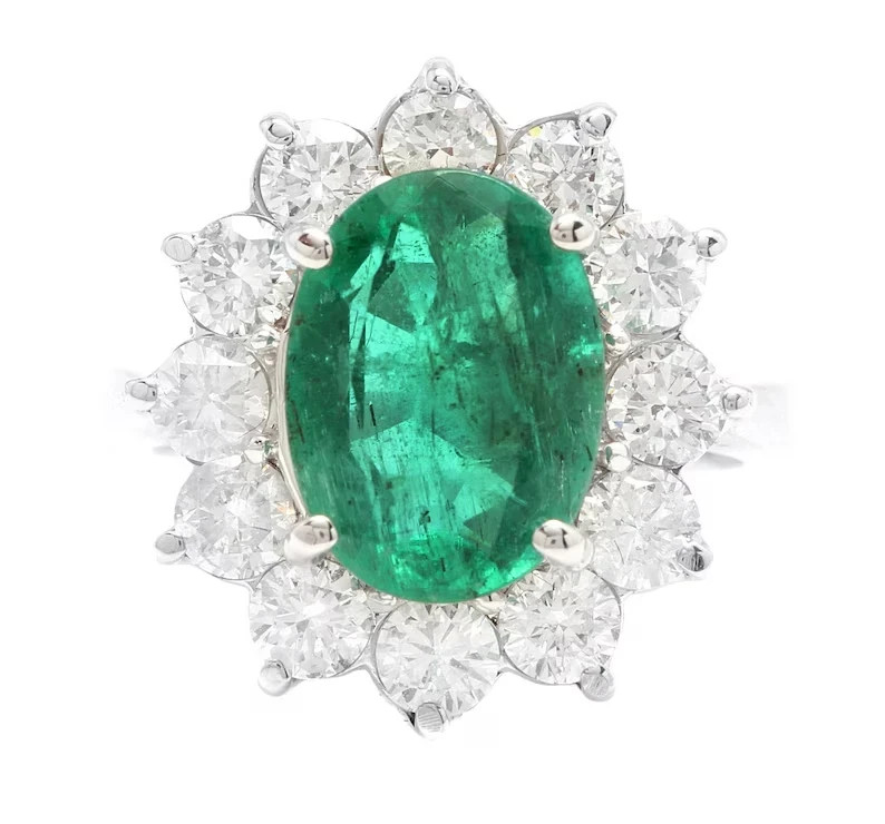 6.50 Ct Certified Natural Emerald &  Diamond Wedding Solid 18K White Gold Ring
