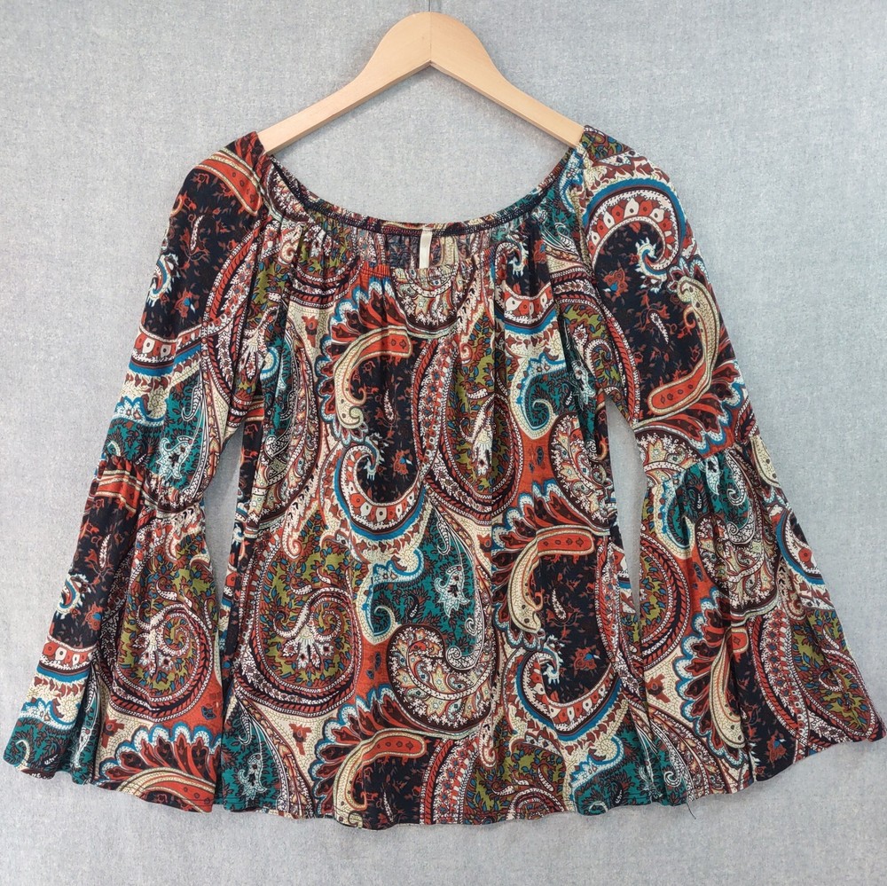 Voel Top Women Medium Multicolor Vintage Bohemian Stretch Paisley Bell Sleeve US