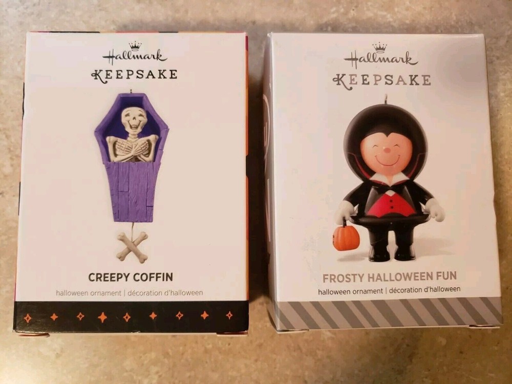 Hallmark Keepsake Halloween Ornaments Creepy Coffin and Frosty Fun Pair