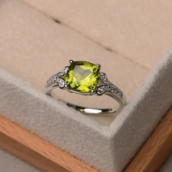2.19 Ct Natural Peridot & Diamond Valentine's Day Ring 14K Real White Gold solid