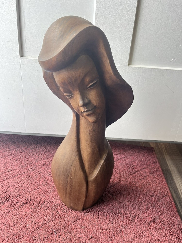 MCM Art Deco Style Carved Wood Bust Of A Woman