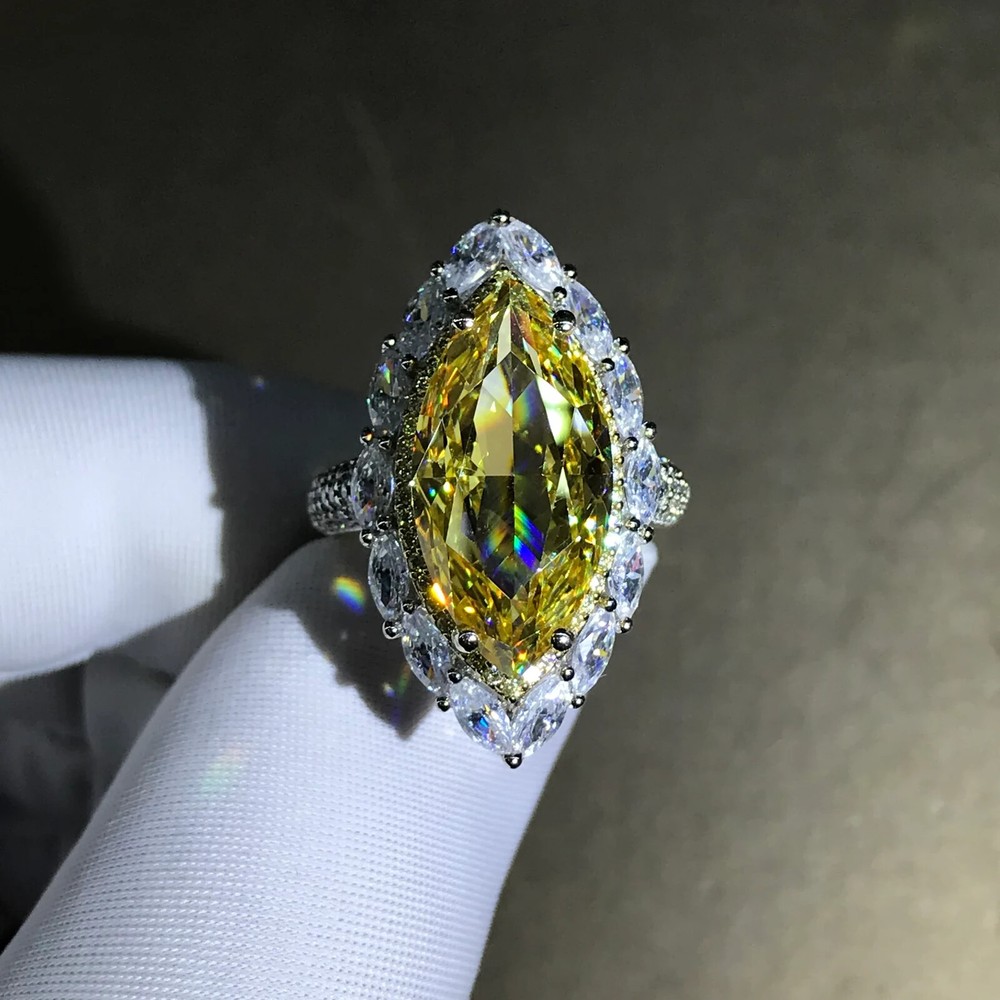 10 Carat Crushed Ice Marquise Vivid Yellow Two-tone Moissanite 10K Gold Ring