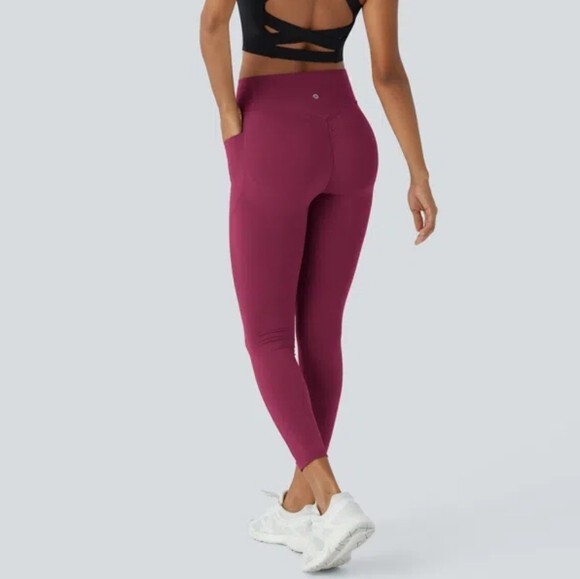 Halara Medium High Waisted Scrunch 7/8 Leggings with Pockets in Red