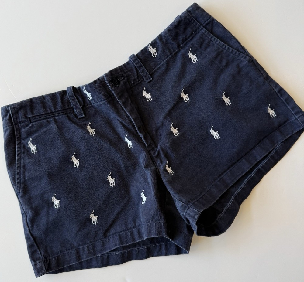 Ralph Lauren Sport Women’s 2 Chino Short Navy Blue All over Pony 3.5” Flat Front