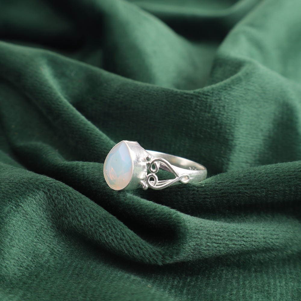 925 Silver Faceted Milky Opal Valentines Band Ring – All US Sizes Available