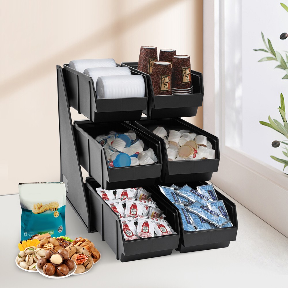 6-Compartment 3-Tier Upright Coffee Condiment Organizer Bin for Breakrooms
