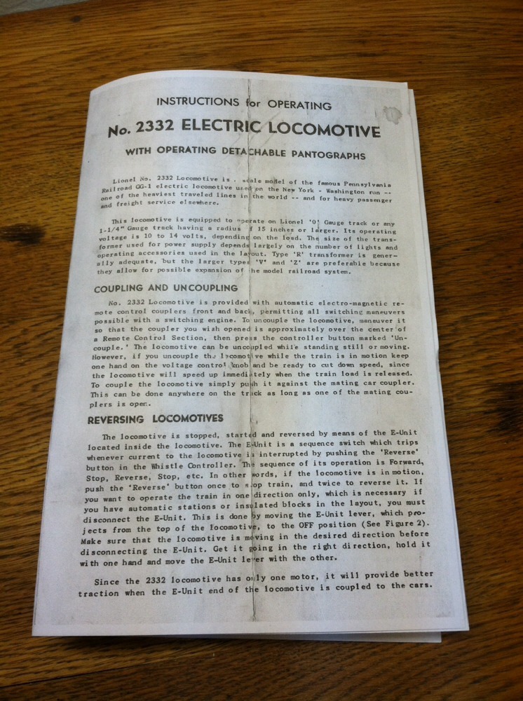 Vtg Copy Lionel Electric Train Locomotive No 2332 Operating Instructions Manual
