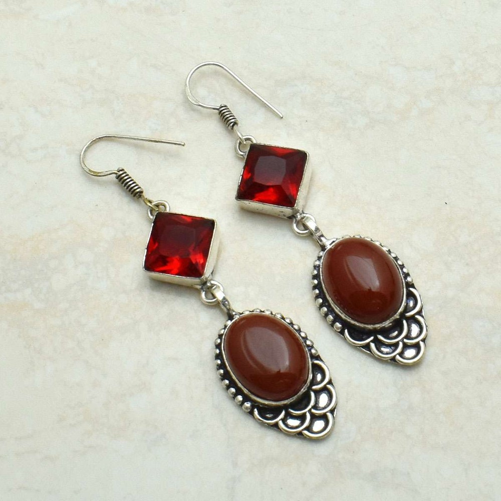 Carnelian Garnet Gemstone Handmade Drop Dangle Earrings Jewelry 2.56