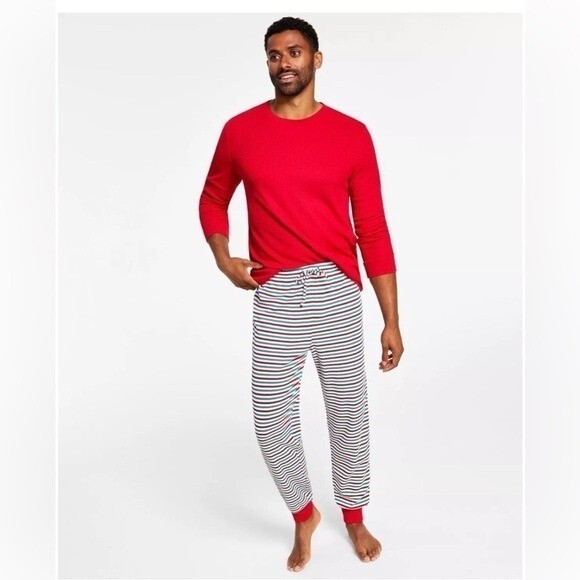 Matching Mens Thermal Waffle Holiday Stripe Mix It Pajama Set stripe bright XL…