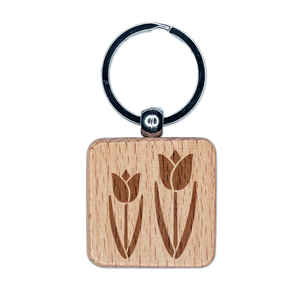 Engraved Wood Square Keychain with Tulip Pair Charm  