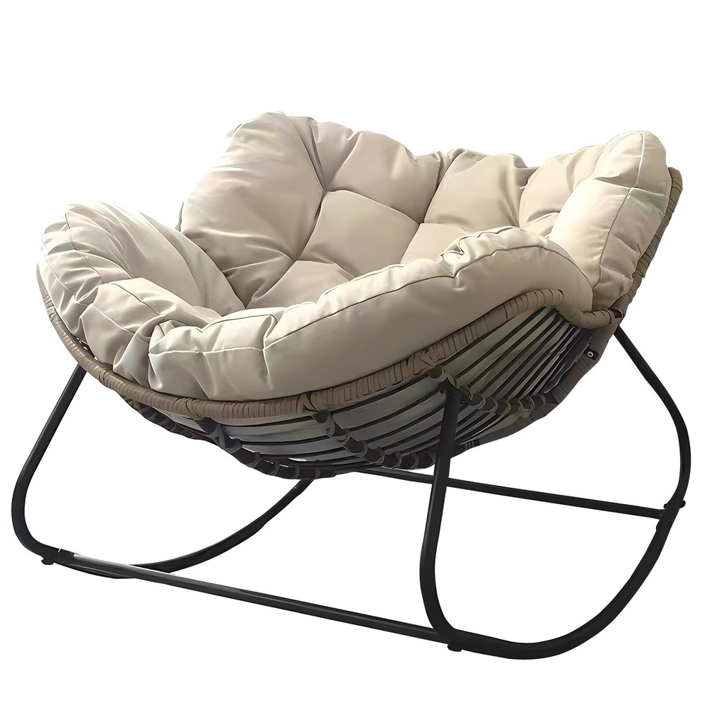 Beige Indoor/Outdoor Papasan Egg Rocking Chair for Patio Garden Porch