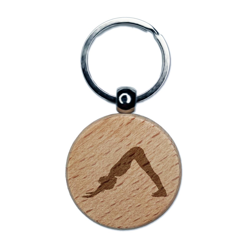 Yoga Downward Facing Dog Pose Engraved Wood Round Keychain Tag Charm