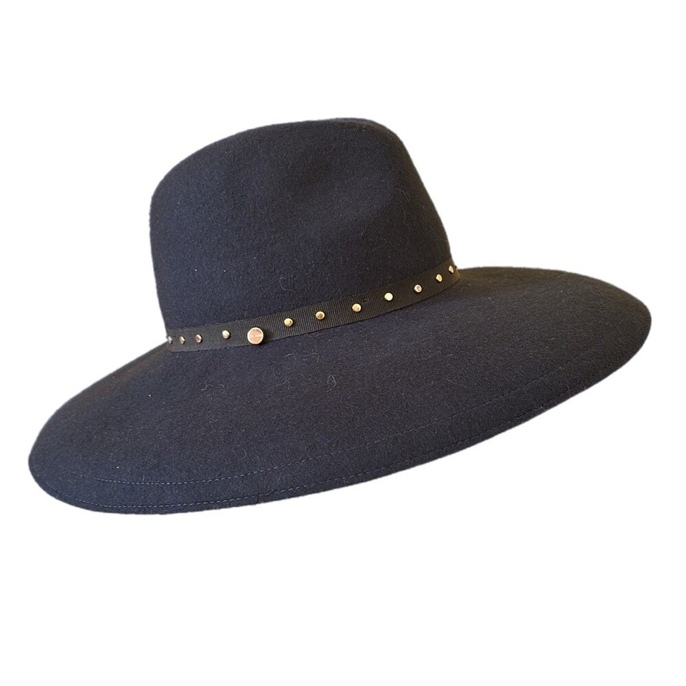 Ted Baker Navy Blue Wool Studded Wide Brim Fedora Hat One Size New