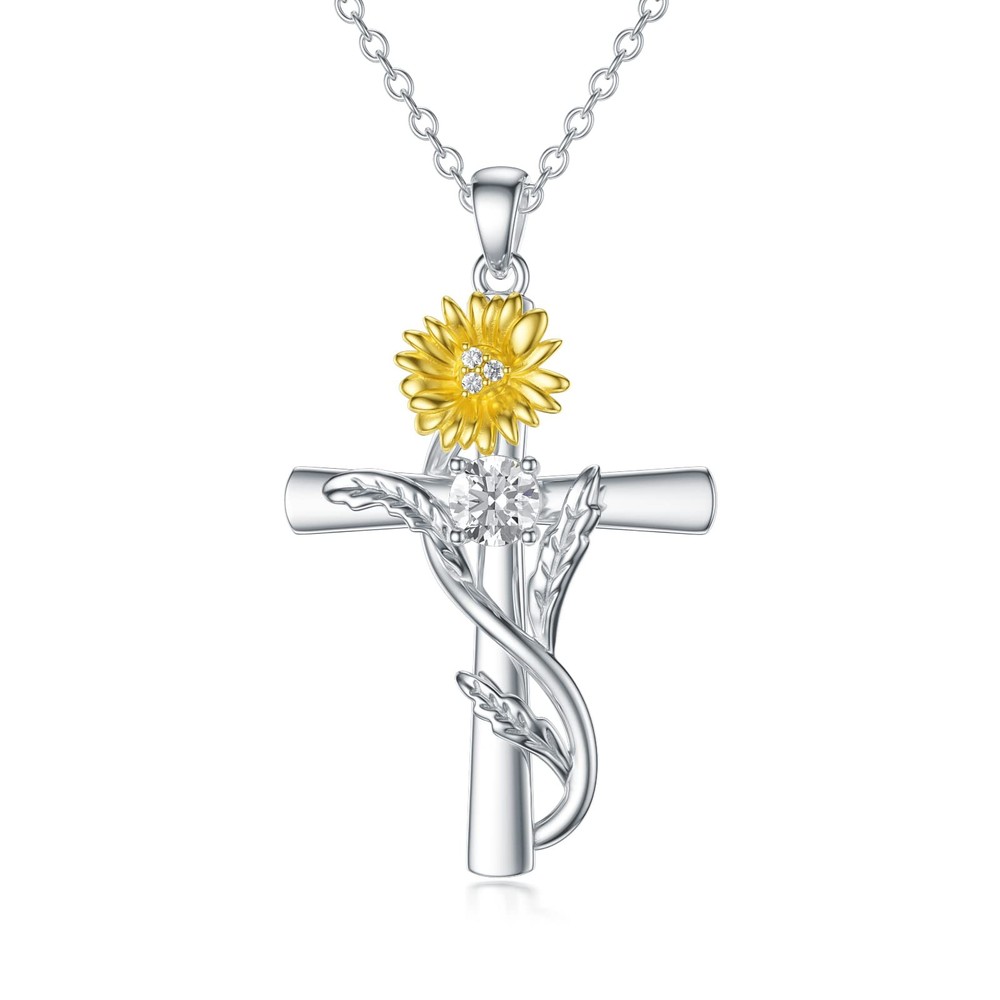Diamond April Birthstone Necklace 925 Sterling Silver Cross Daisy Pendant Nec...