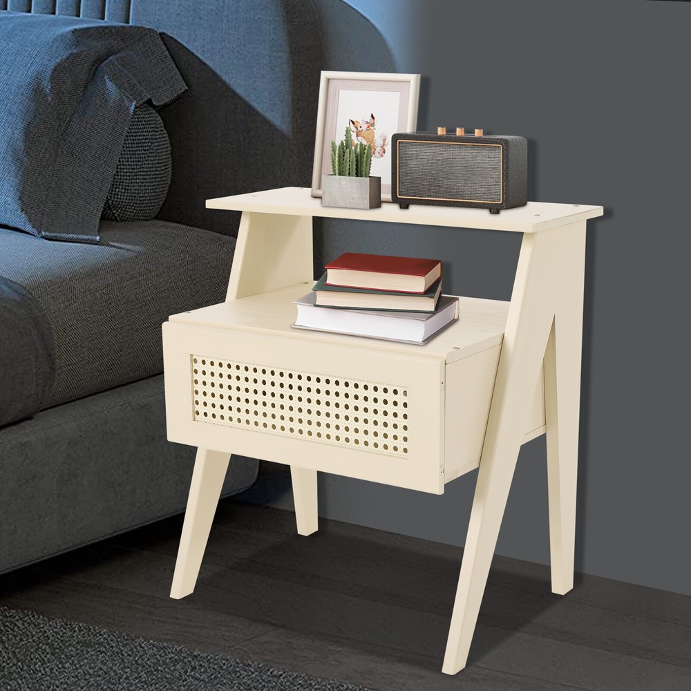 Compact Beige Bedside Table with Drawer - 5kg Lightweight Sofa Side Table for Bedrooms