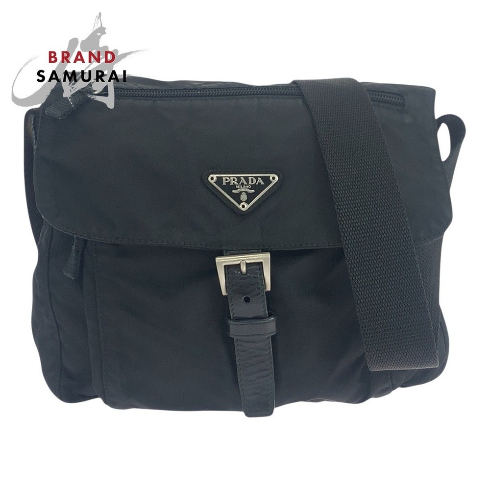 RARE PRADA Tessuto nylon crossbody with triangular logo plate in black and silver hardware