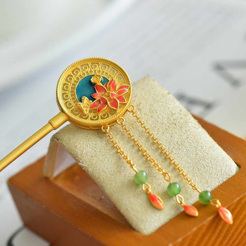 Enamel Lotus Hair Stick Tassel Hairpin Chinese Hanfu New Style Accessory