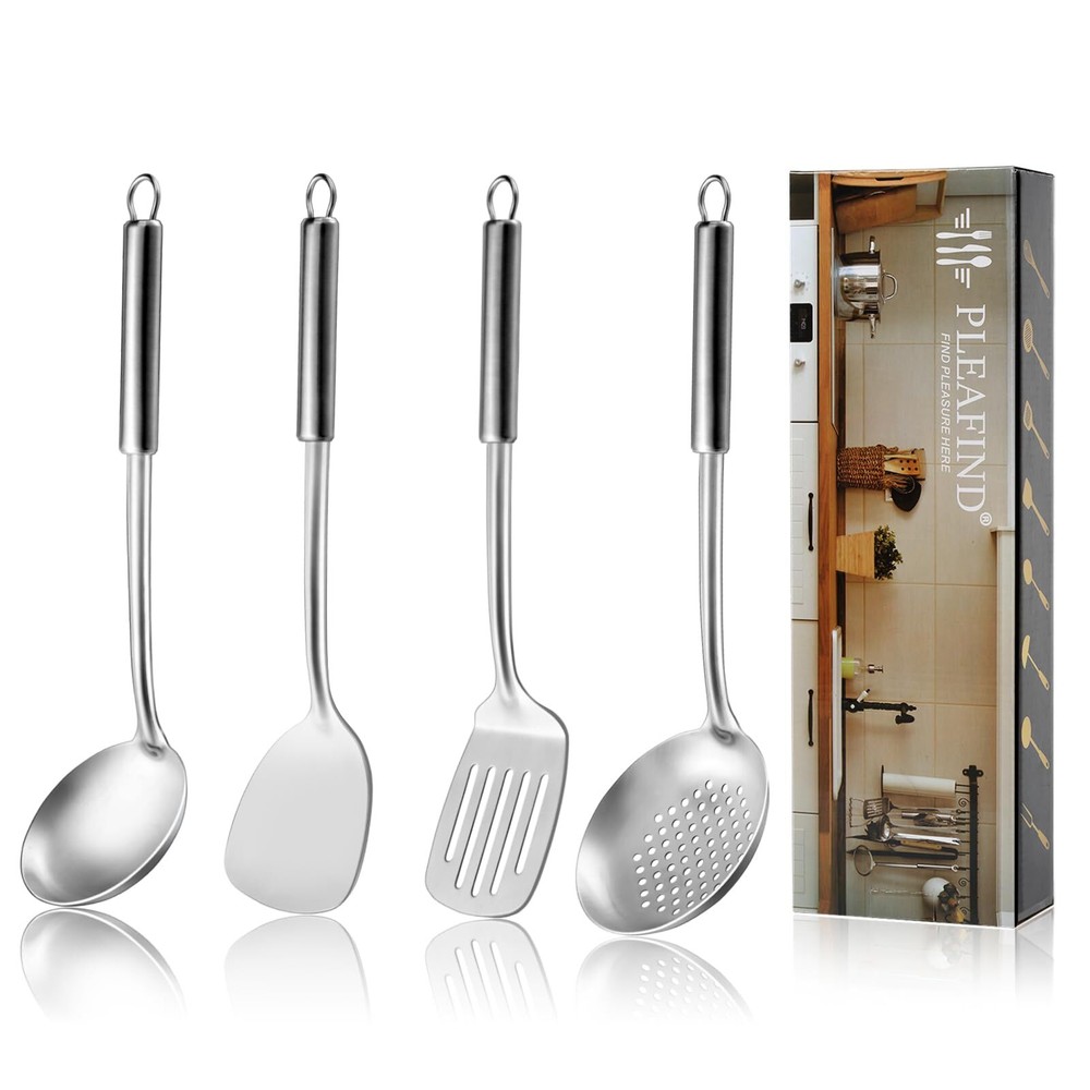 4-Pcs Cooking Utensils Set, Stainless Steel Kitchen Utensils, Wok Utensils Se...