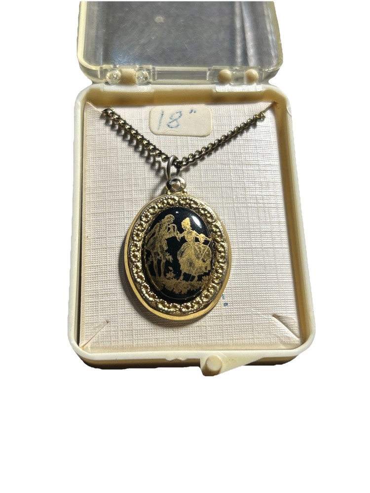 Vintage Limoges Courting Couple Black And Gilt Porcelain Pendant