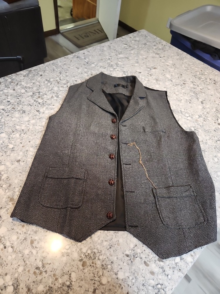 Men's L Herringbone Tweed  Vest with Button Pockets Classic Minimal