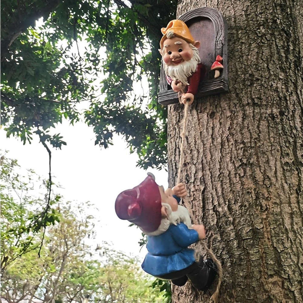 Funny Climbing Gnome Sculpture for Garden or Tree Decor  