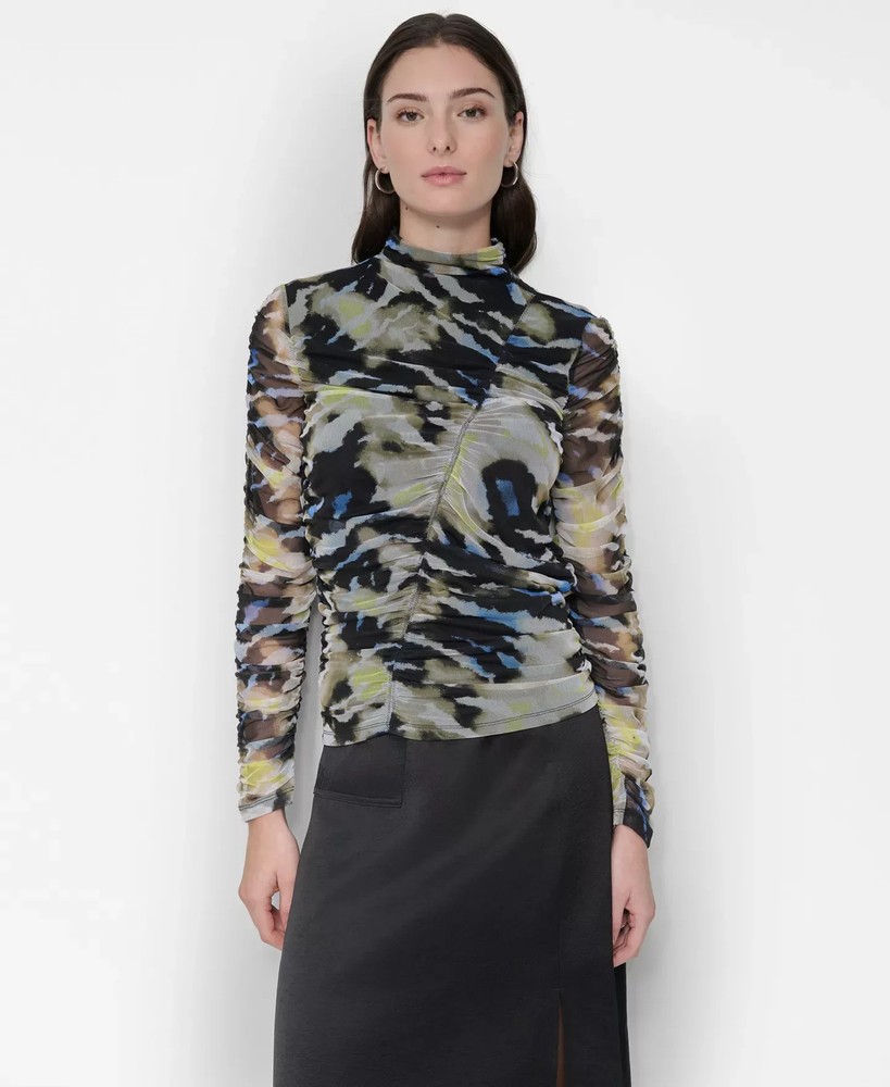 DKNY Women's Top Sz M Printed Mock-Neck Long-Sleeve Ruched Mesh