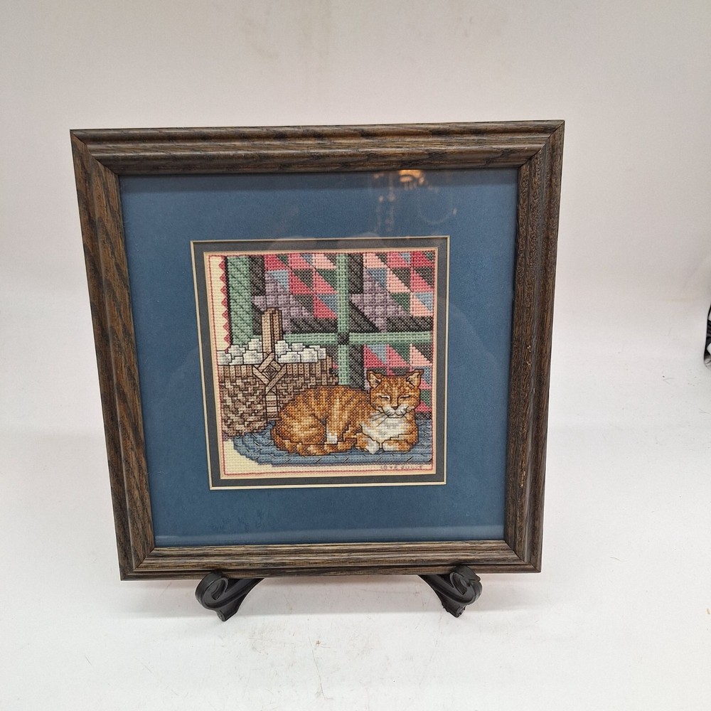 Kitty cat quilt basket framed cross stitch art handmade cute country cottage dec