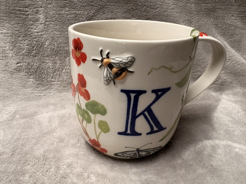 Anthropologie Monarch Monogram Mug with K Initial Bees and Floral Design for Coffee