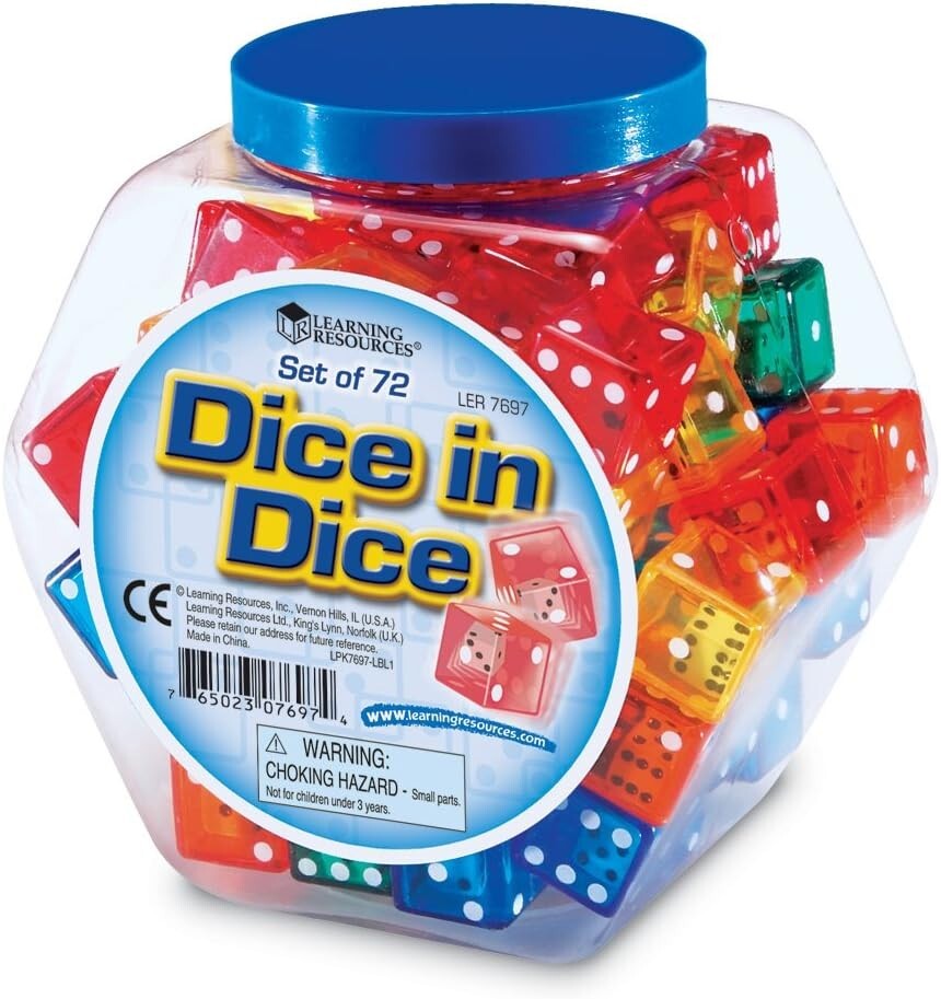 Set of 72 Multi-Color Dice & Hexagonal Storage Tub - Fun Math Manipulative