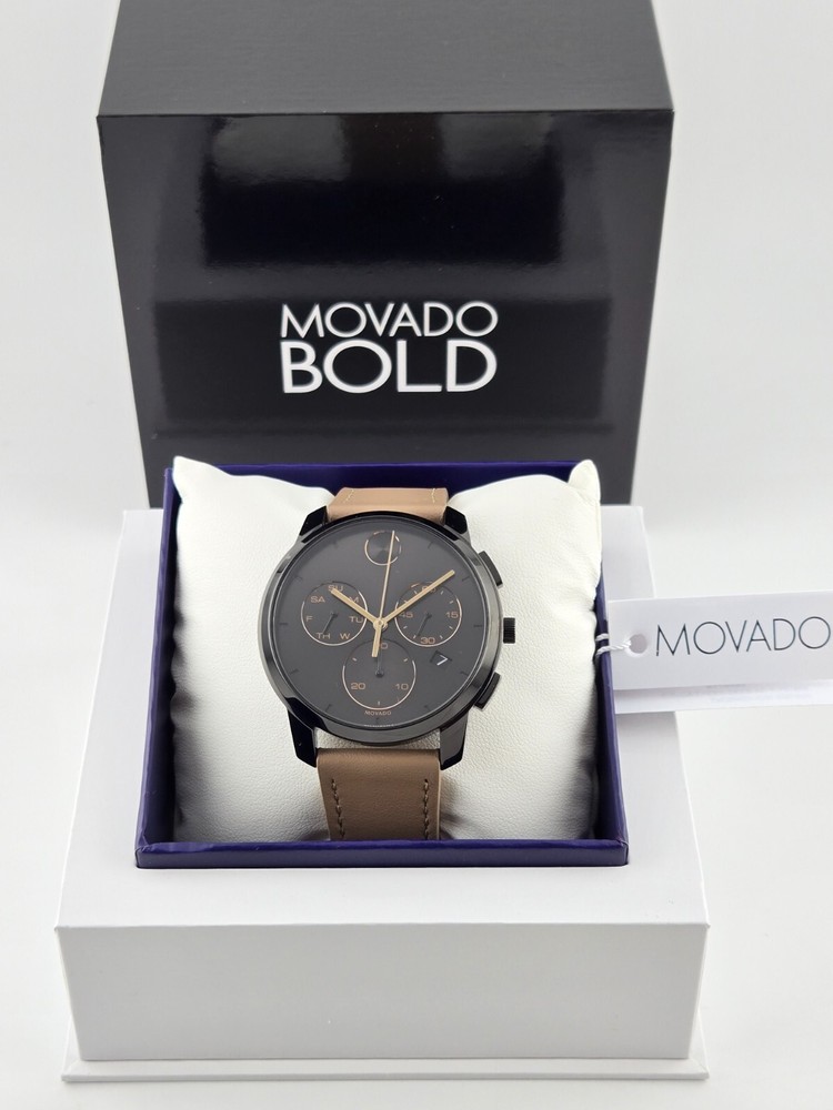 Movado Bold Mens Black Dial Leather Watch 3600719 Luxury Timepiece $650