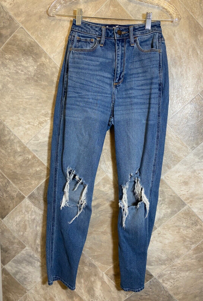 Hollister Jeans Women's Sz 0R/24 Blue Curvy Ultra High Rise Mom Jean Distressed