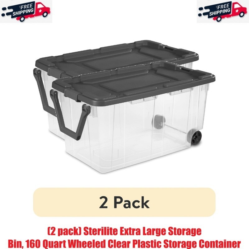 (2 pack) Sterilite Extra Large Storage Bin, 160 Quart Wheeled Clear