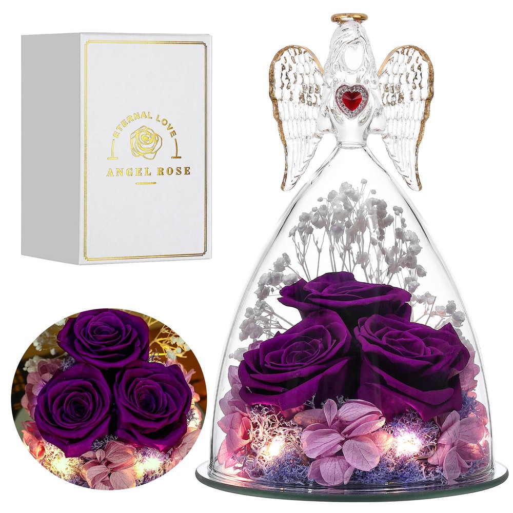 Valentines Day Rose Angel Figurine Gift for Women with Real Preserved Roses