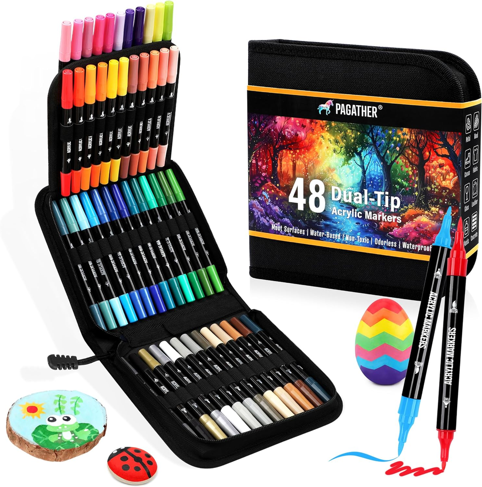 48 Colors Acrylic Paint Markers, Dual Tip with Fine Tip and Brush Tip Pens for S