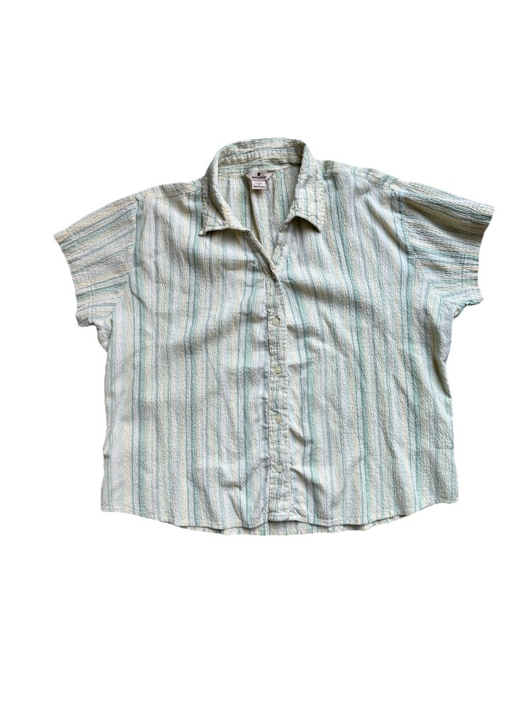 Woolrich Striped Seersucker Button Up Shirt Women's L Short Sleeve Cotton Blend