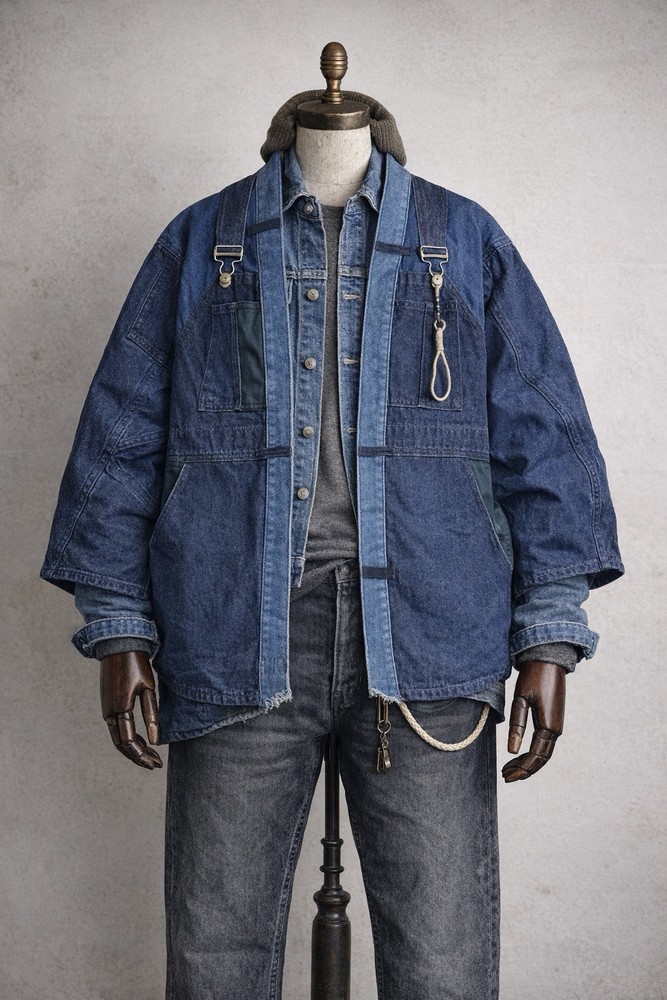 Japanese Inspired Patchwork Denim Kimono Noragi Jacket Men’s Workwear Size Large