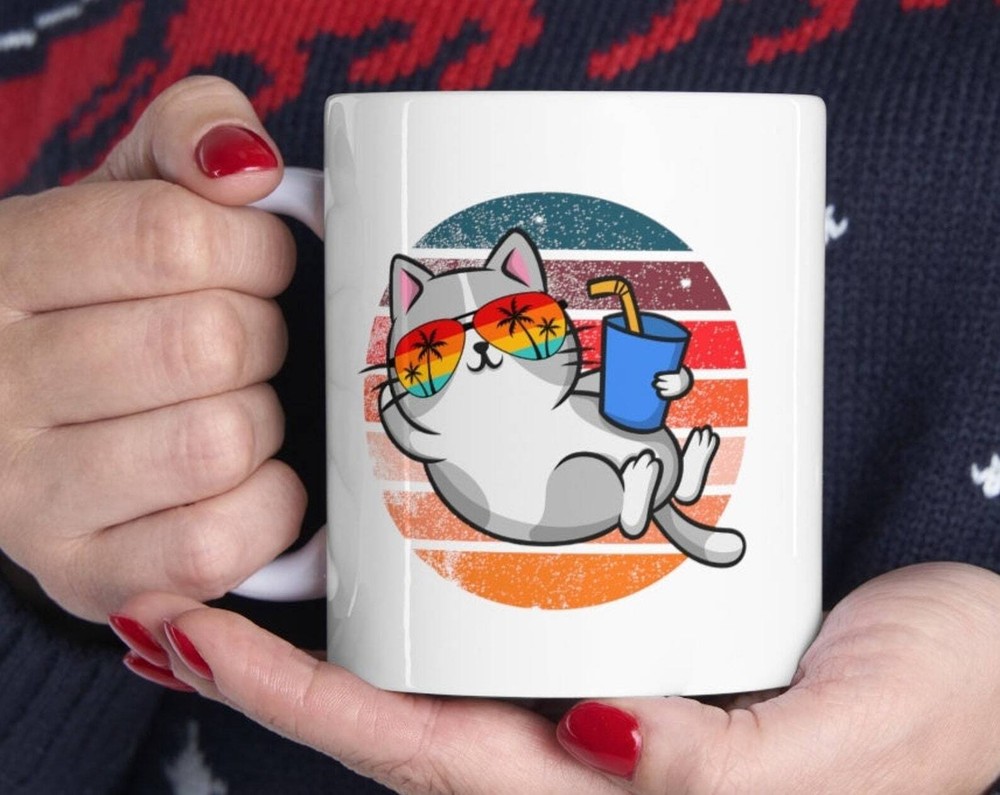 Cool Sunset Cat With Glasses Mug – Fun Gift for Cat Lovers