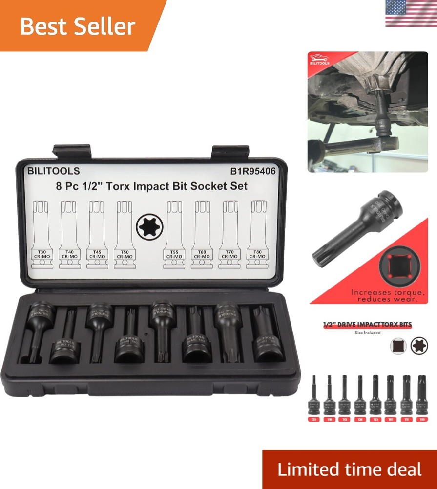 1/2 Inch Drive 8-Piece Cr-Mo Steel Impact Torx Bit Socket Set T30-T80