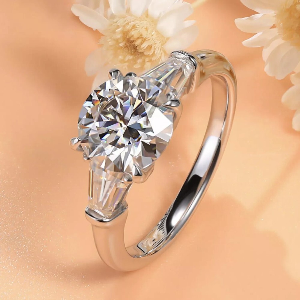 Round Cut Natural Moissanite Three Stone Engagement Ring 14K White Gold Plated