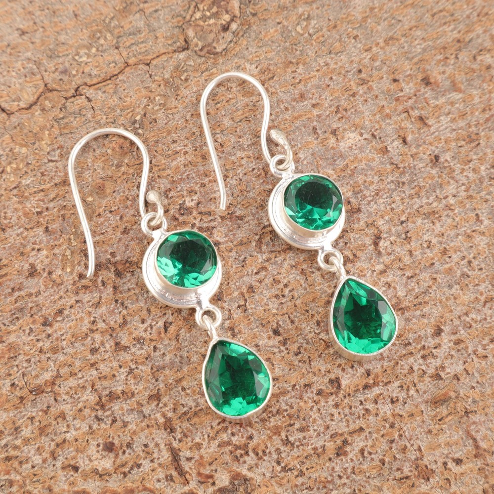 Natural Green Emerald Wedding Dangle Heart Chakra Earrings 925 Sterling Silver