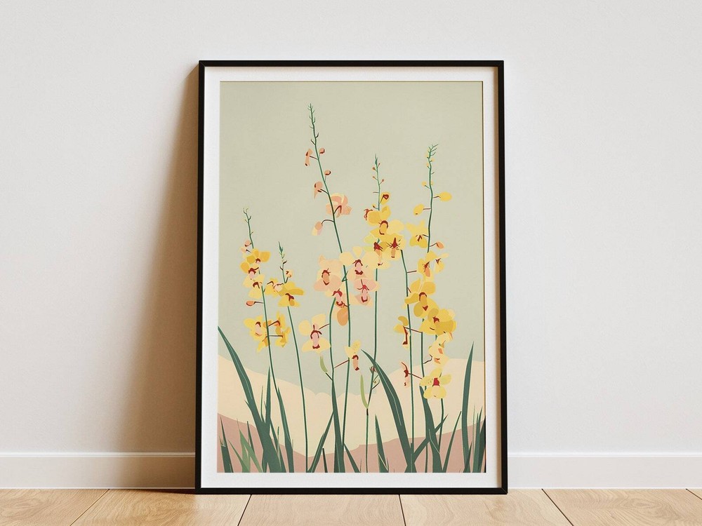 Yellow Orchid Flower Minimalist Botanical Art Print Mid Century Modern Wall