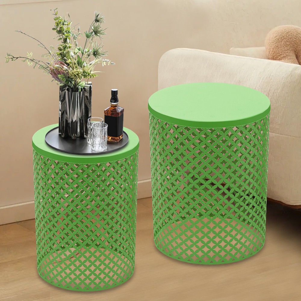 2PCS Green Side Table Metal Frame Accent Table Modern Openwork Pattern End Table