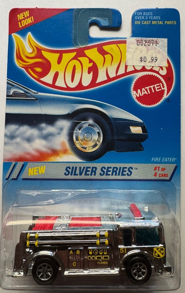 1995 Hot Wheels ~SILVER~ Fire Eater 1/4 (7 Spoke) (Dented Blister)