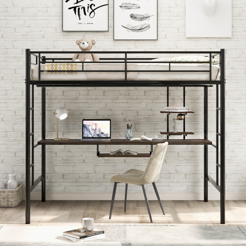 Full Size Black Loft Bed with Built-In Desk and Shelves for Space Saving-image