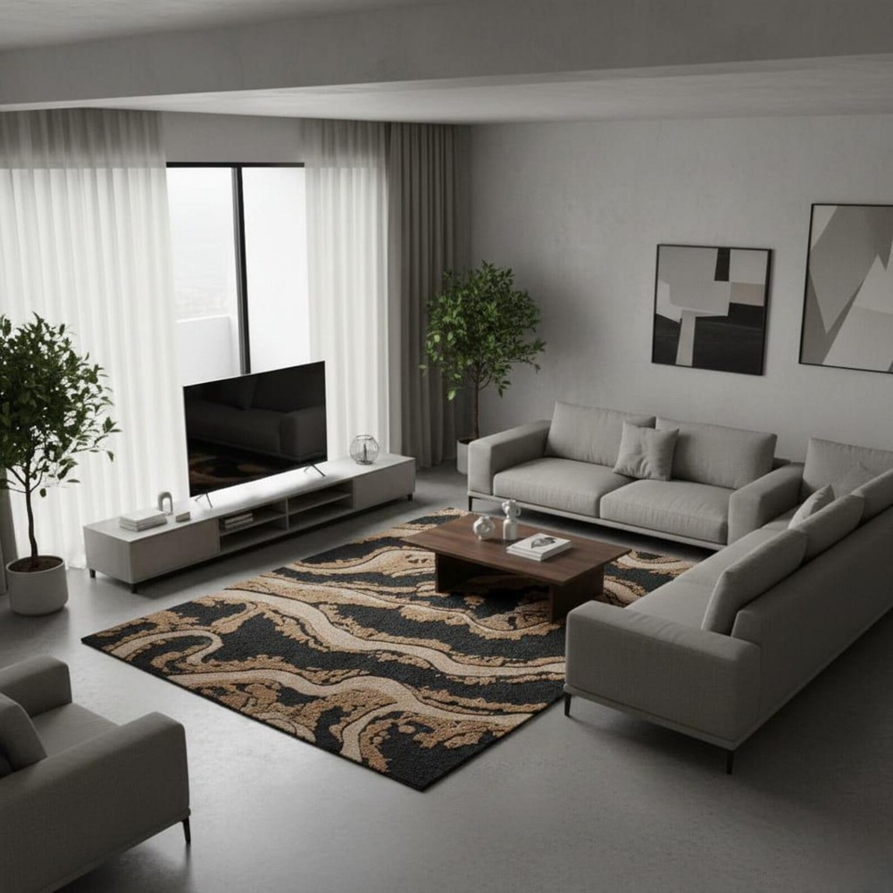 Abstract Black Beige Wavy Area Rug, Modern Hand Tufted Carpet,