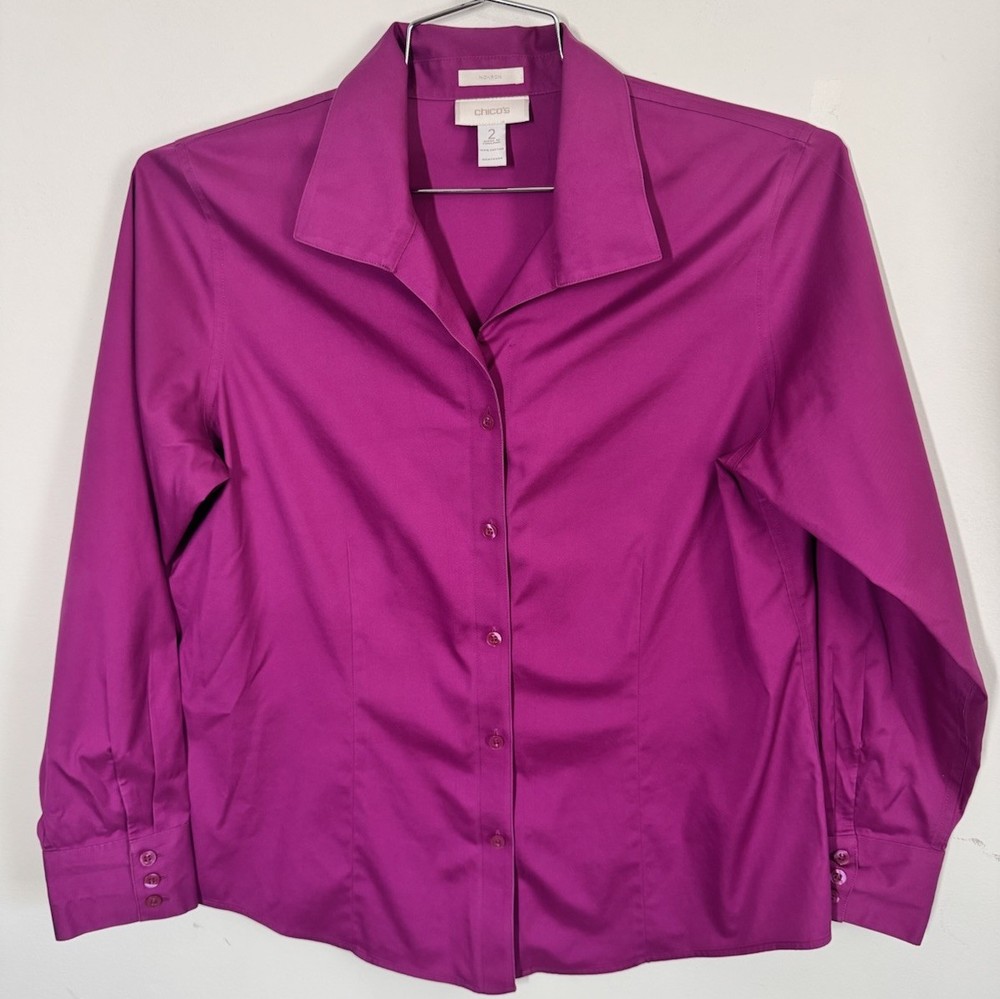 Chicos Women’s Non Iron Long Sleeve Button Up Shirt Blouse Stretch Sz 2 Purple