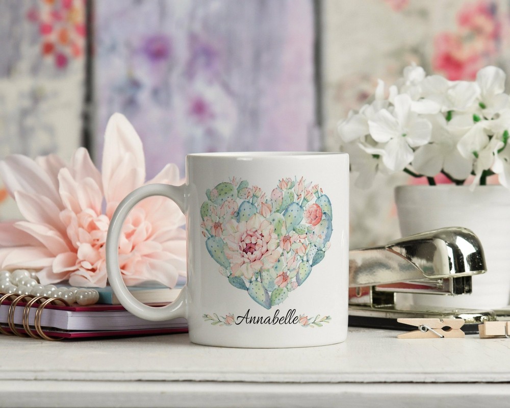 Succulent Heart Ceramic Coffee Mug Personalised Mint Green & Pink Botanical