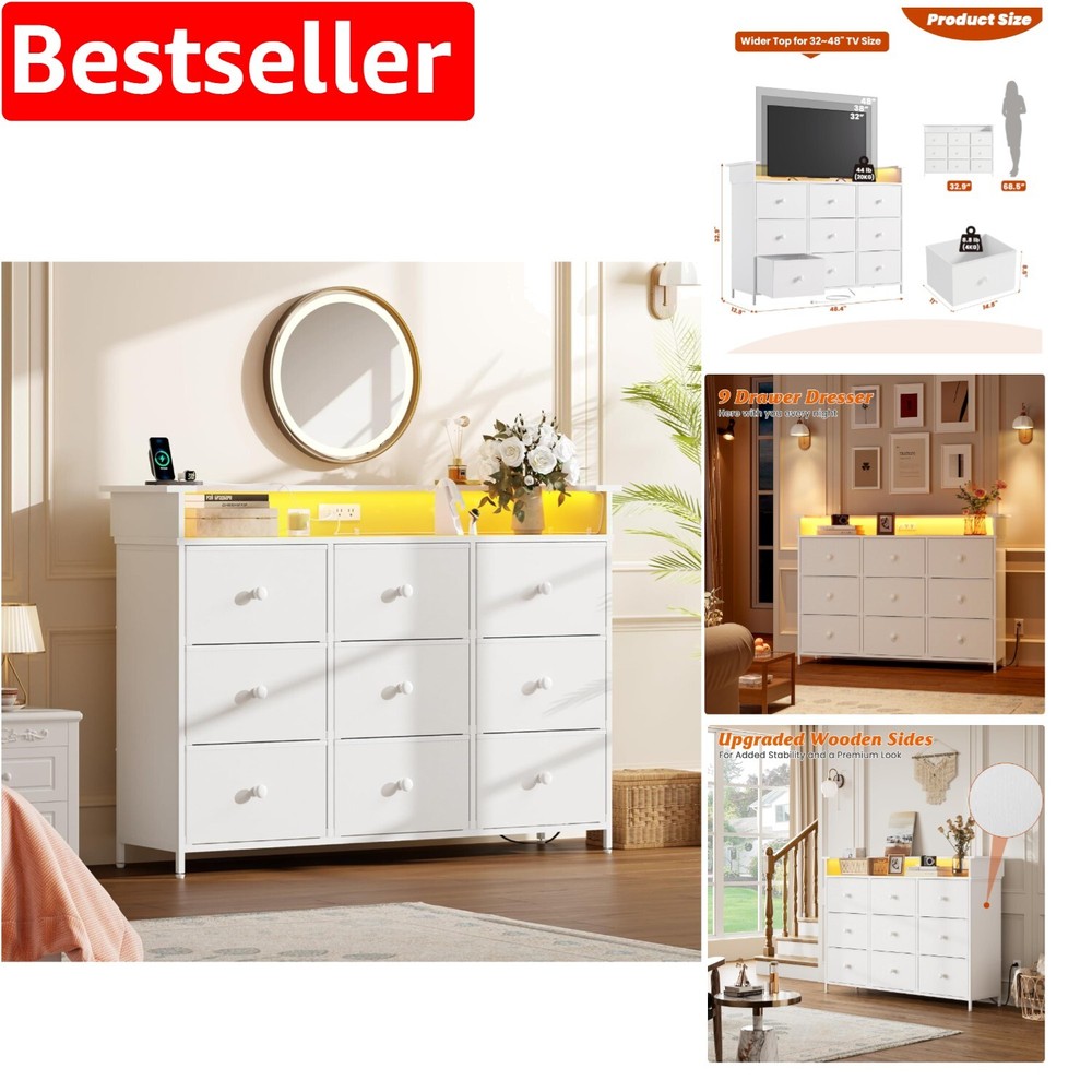 Modern White 9-Drawer Dresser with LED Lights & USB Charging Ports