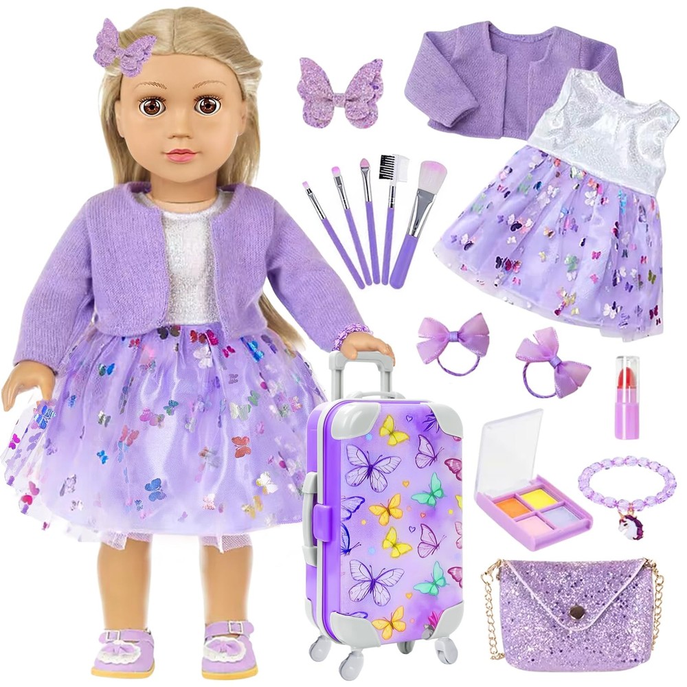 American 18 Inch Doll Accessories with Travel Suitcase Makeup Play Set and Cl...