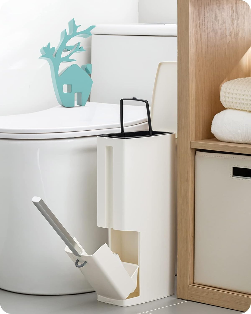 2 Liter White Slim Bathroom Trash Can with Lid and Toilet Brush Holder